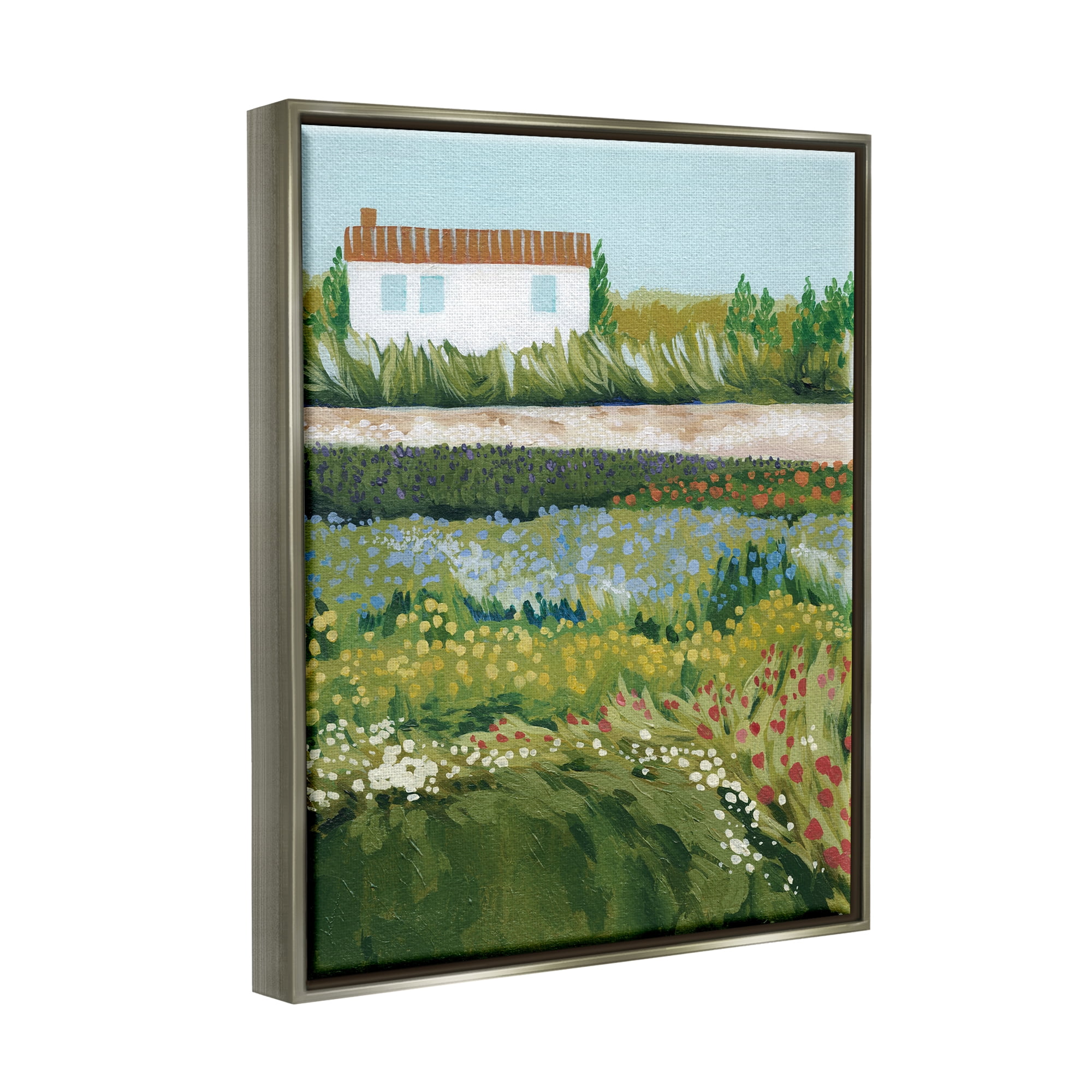 Stupell Rural Cottage Wildflowers Blooming Landscape Painting Gray Floater Framed Art Print Wall Art