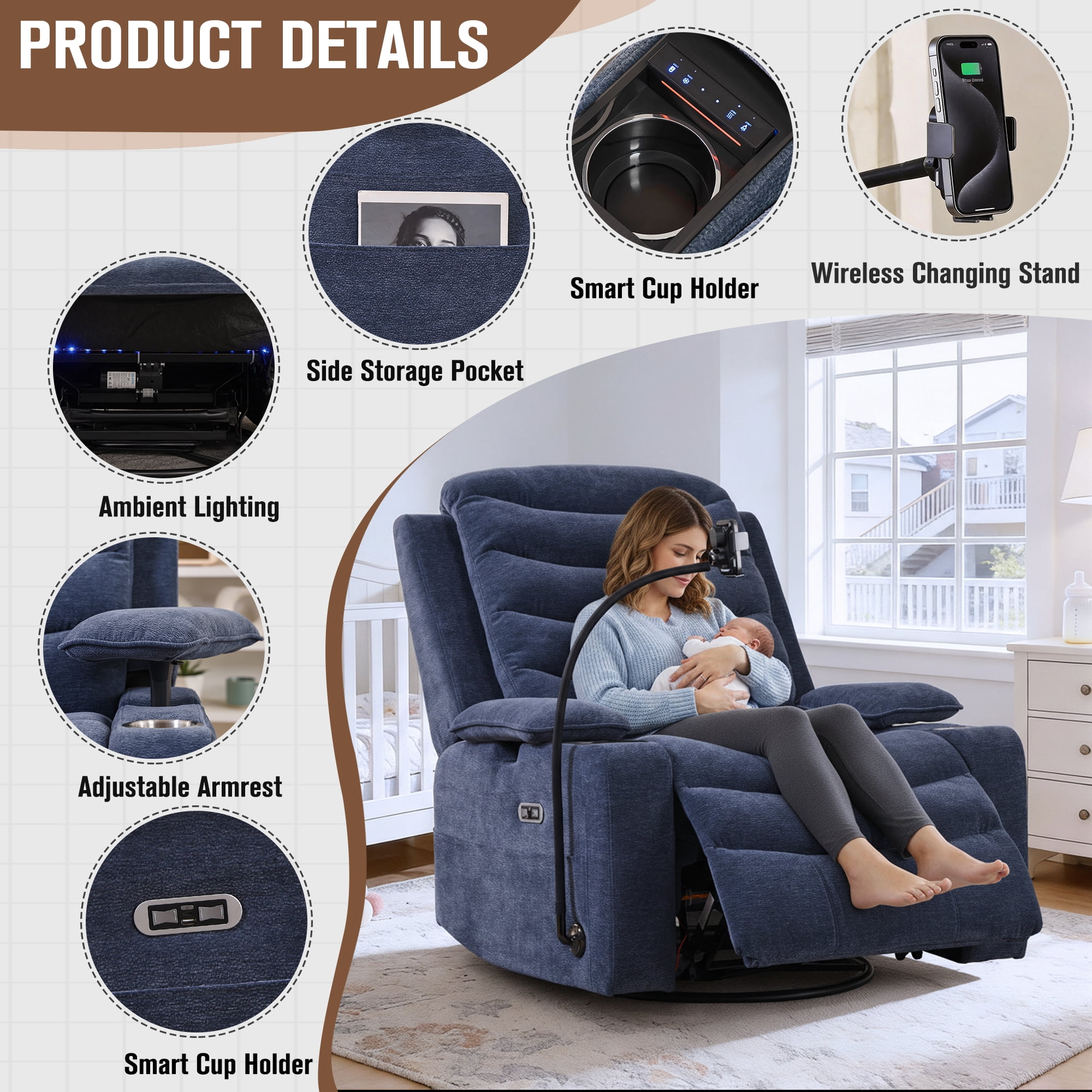 Holaki Power Recliner Chair, 270° Swivel Recliner with Heat & Lumbar Support, Modern Comfortable Chenille Rocker Recliner Nursery Chair with Smart Cup Holder & Adjustable Armrests for Nursing, Navy