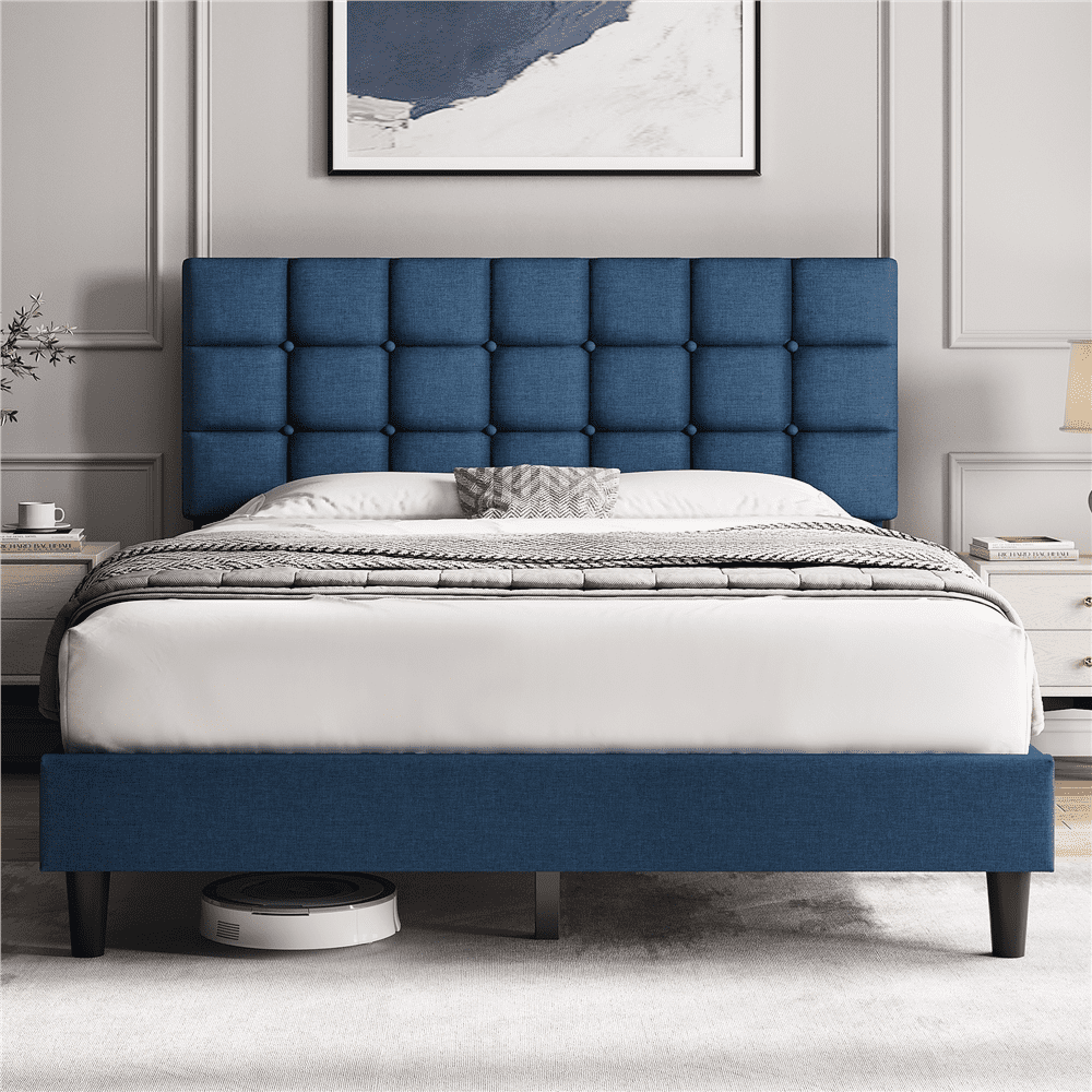 Fullfurnique Upholstered Platform Bed Frame with Square Tufted Headboard, Full, Navy Blue