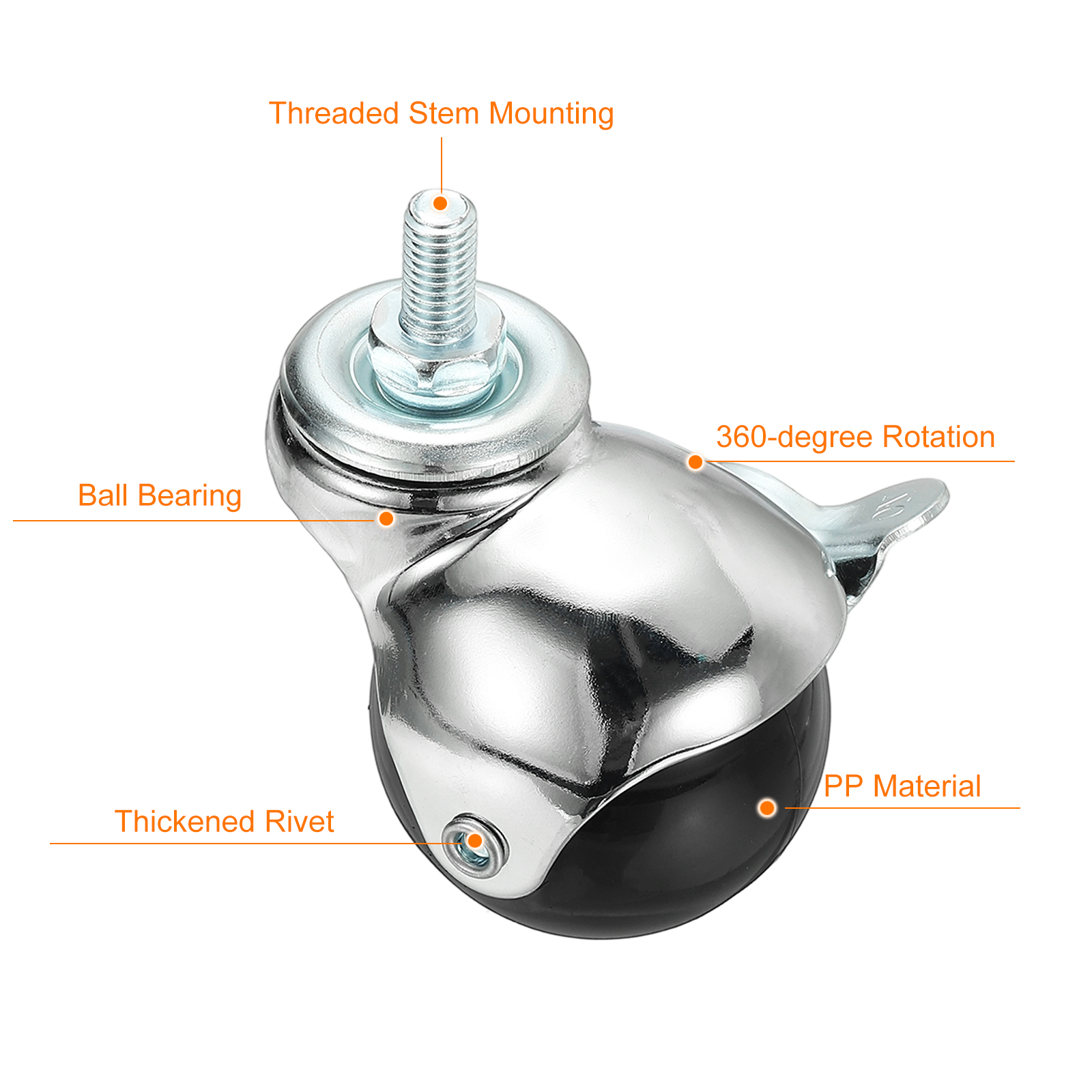 Uxcell 2" Ball Caster Wheels, 4 Pcs Threaded Stem Caster 360 Degree Rotatable Caster Wheels Brake for Furniture,Chrome