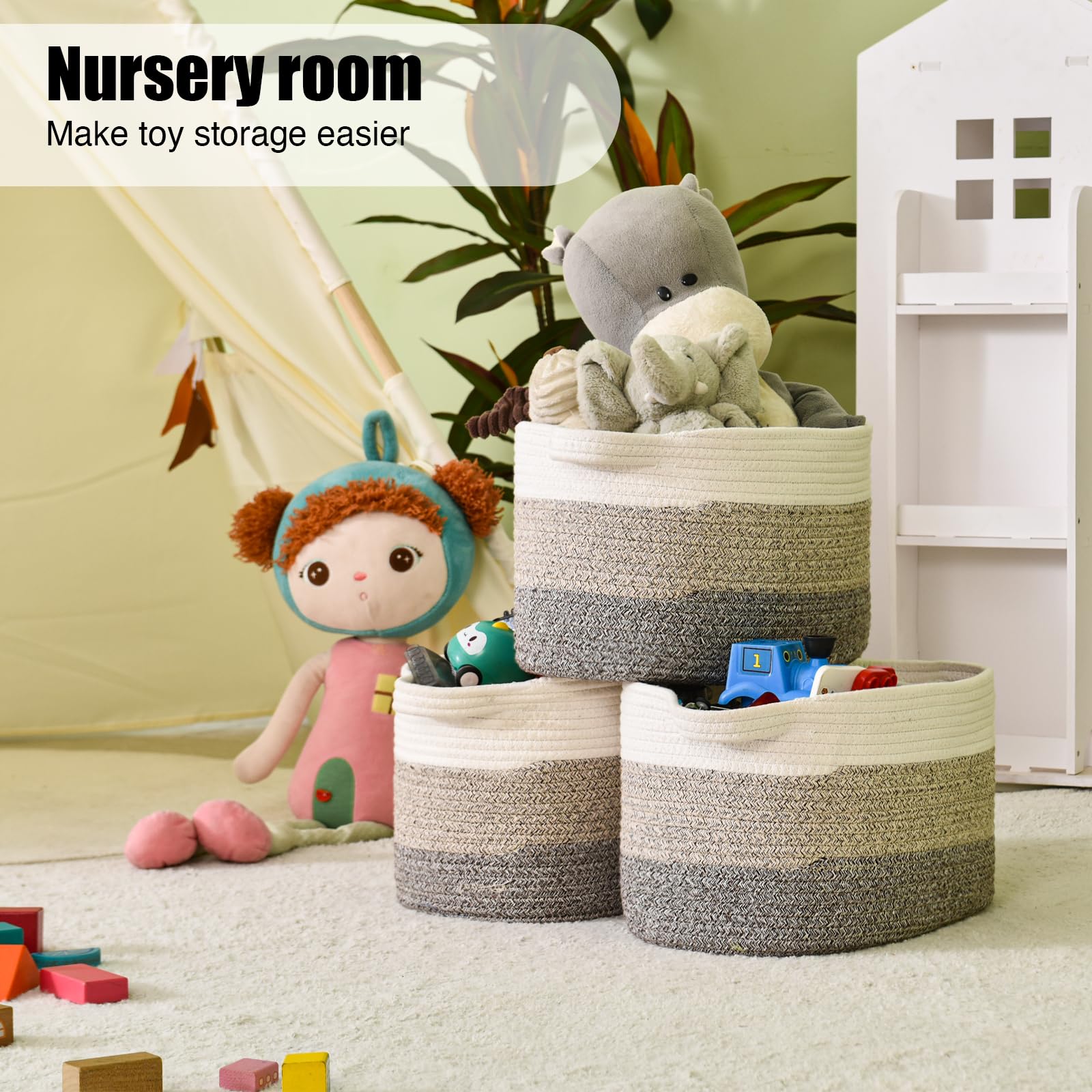 3PCS Large Woven Cotton Rope Storage Basket With Handles - 15"x10"x9.5" Decorative Organizer for Toys, Books, Living Room - Gradient Brown