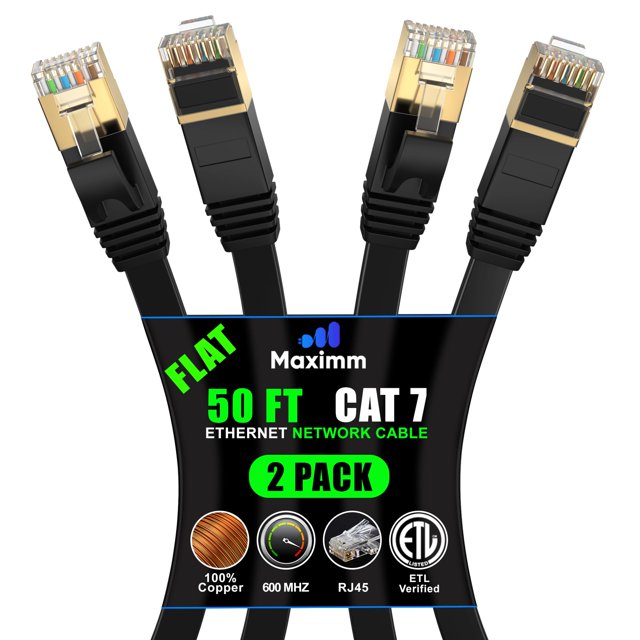 Cable Ethernet Cat 7 De 50 Pies - Con Un Diseño Plano Que Ahorra Espacio Cable De Conexión Lan De Red De Internet De Alta Velocidad Conectores Rj45 - 50 Pies Negro Paquete De 2 - Perfecto Para Transmi