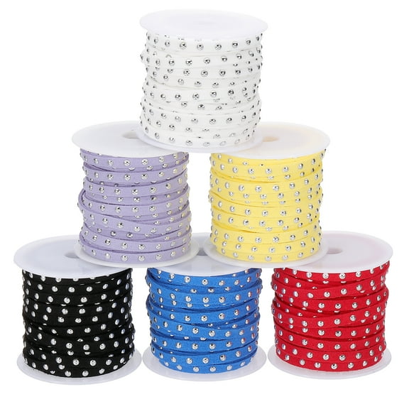 32.8 Yards Studded Faux Suede Cord Rope for Jewelry Making 6Pcs Each 5m 5mm Flat Leather Lace Beading String Ribbon Silver Rivets, Black/White/Red/Yellow/Blue/Light Purple