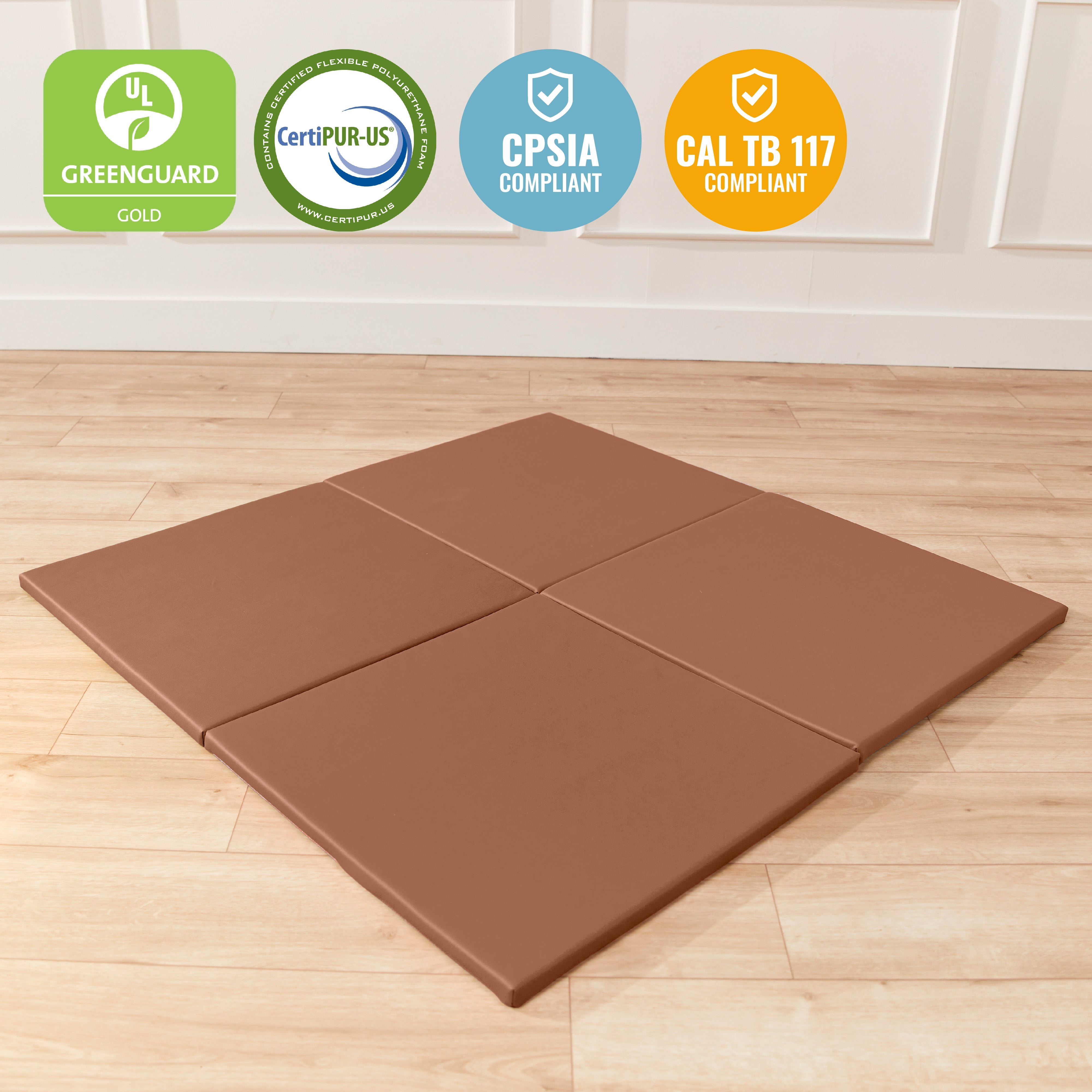 ECR4Kids SoftZone Play Patch Activity Mat Squares, Modular Playmat, Chocolate, 4-Pack