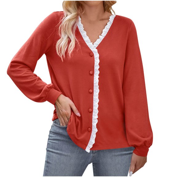clear 50% off wycnly Winter Fleece Coat for Women Shirts Coat for Women Elegant Lace Patchwork Button Down Cardigan Coats Long Sleeve Casual Solid Fall Sweater Outwear Casual Fleece Coat