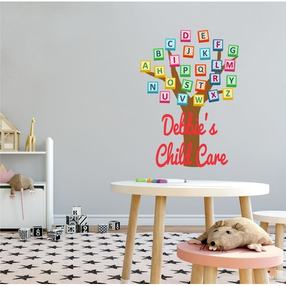 DAYCARE - Vinyl Daycare Kids Playroom Removable Multicolored Alphabet Tree Decoration Customized Name Lettering Design Easy To Apply Wall Decal - Adhesive Child Care Wall Décor Sticker 7" x 10"
