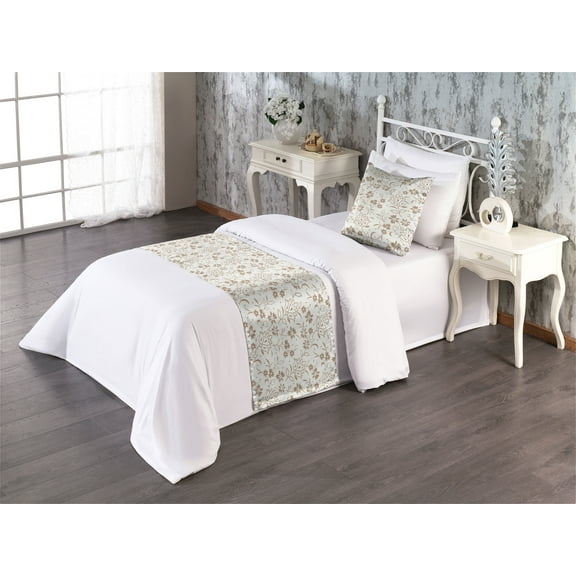 Vintage Bed Runner Set, Nostalgic Neutral Minimal Flowers with Dots Retro Botanical Blooms Artwork, Decorative Bedding Scarf & a Pillow Sham for Hotels Homes, Twin, Eggshell and Umber, by Ambesonne