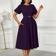 thumbnail image 5 of Ruimatai Women's Round Neck Puff Sleeve Belted A-Line Midi Dresses for Women Formal Party & Office Wear, 5 of 7