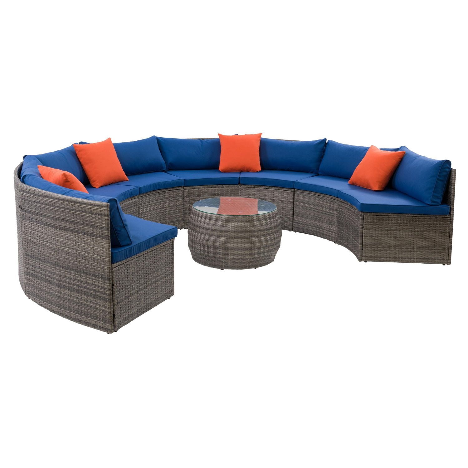 CorLiving Parksville 5-Pc Resin Wicker Patio Sectional Set- Blended Grey Finish/Oxford Blue Cushions