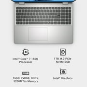 Dell 16 Laptop DC16251 - 16-inch FHD+ 16:10, Intel Core 7-150U, 16GB RAM, 1TB SSD, Platinum Silver