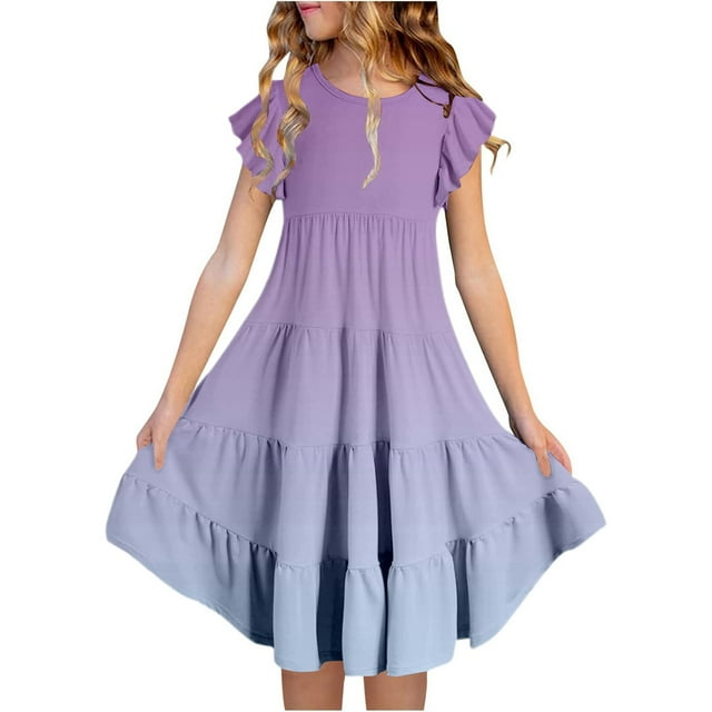Robes Grande Fille Été Couleur Dégradée Col Rond Manches à Volants Robe Décontractée Ludique Fête d'Anniversaire Quotidienne Vêtements Enfants Robe Fille Vêtements Taille 12-13T
