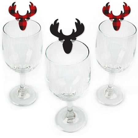 Prancing Plaid - Shaped Reindeer Holiday & Christmas Party Wine Glass Markers - Set of
