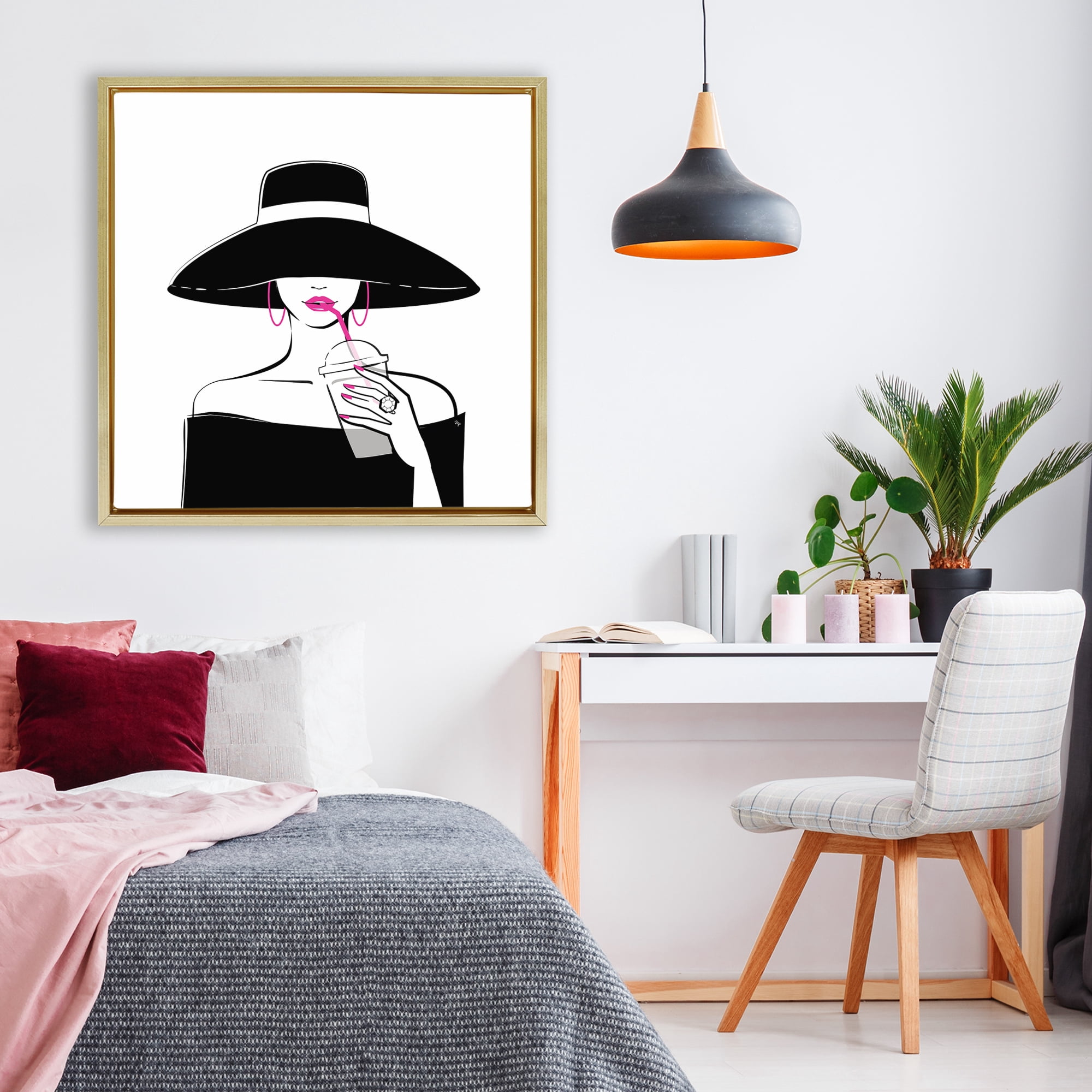 Stupell Industries Chic Black Hat Sipping Coffee Gold Framed Floater Canvas Wall Art, design by Martina Pavlova