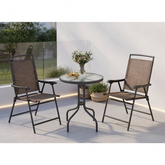 Spaco 3 Pieces Patio Round Table and Folding Chairs Set, Patio Table with Rippled Tempered Glass Tabletop for Patio, Garden, Backyard, Brown