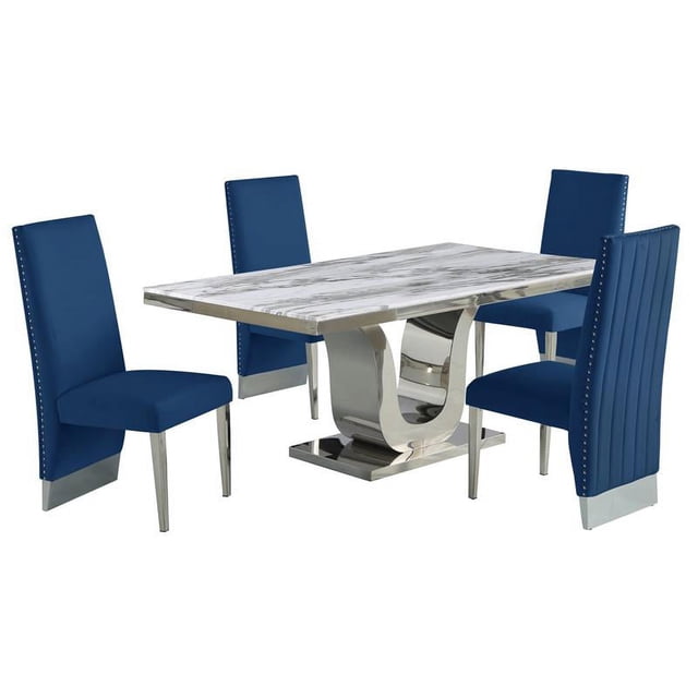 White Marble 5 piece Dining Set with Silver Stainless Steel Base