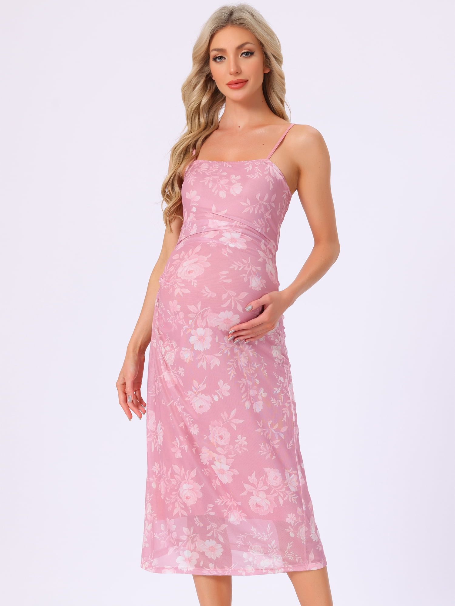 DARING DIVA Women's Mesh Ruched Side Bodycon Spaghetti Strap Maternity Dress M Pink