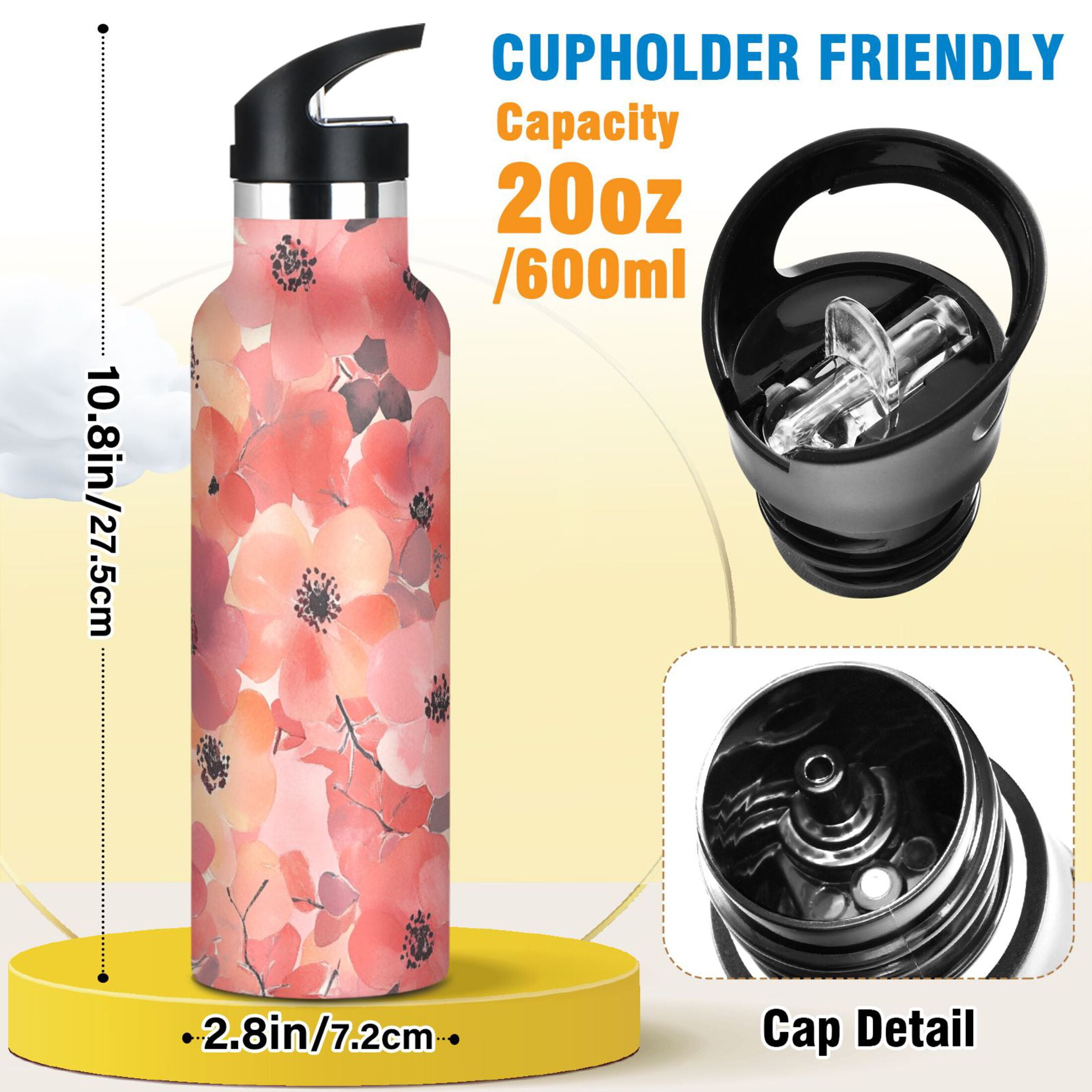 600ML Stainless Steel Insulated Cup Sports Water Bottle Portable Thermos Cup Water Glasses Insulated Tumblers Convenient and Durable Dark Red Flowers