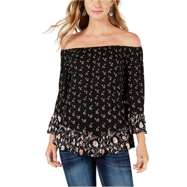 Style & Co. Blusa floral con hombros descubiertos para mujer, negro, grande Style & Co. fuera del hombro