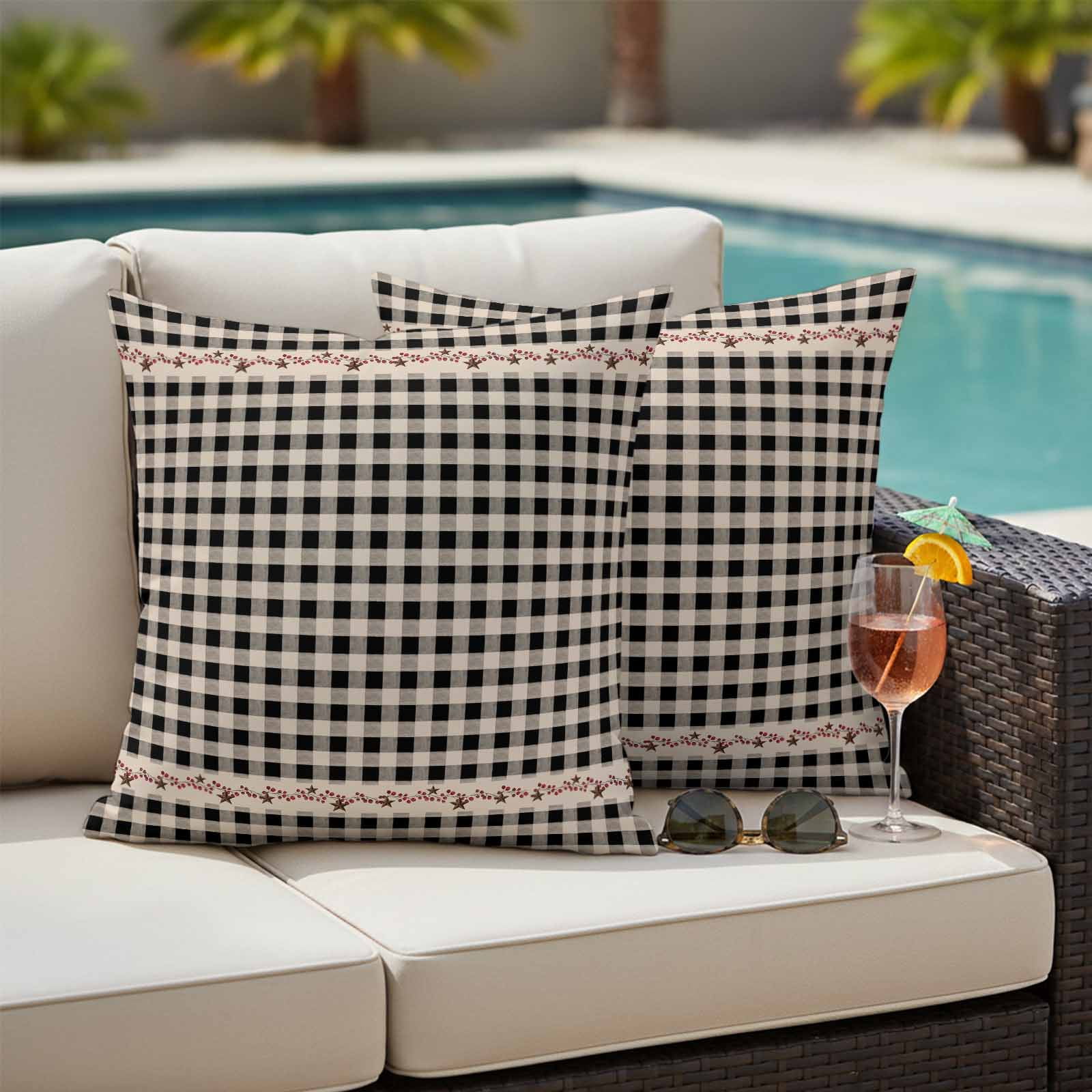 Country Star Plaid Outdoor Waterproof Pillow Covers, Black Retro American Farm Barn Berry Decorative Square Throw Pillowcase Sofa Cushion Sham for Patio/Couch/Chair, 16"x16" 2 Pack