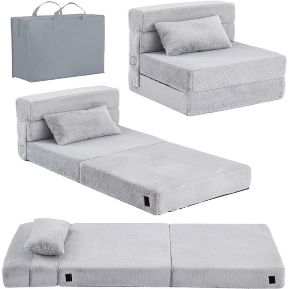 Kids Floor Sofa, Child Fold Up Sofa Couch Convertible Futon Folding Chair with Storage Bag for Kids, Plush Grey