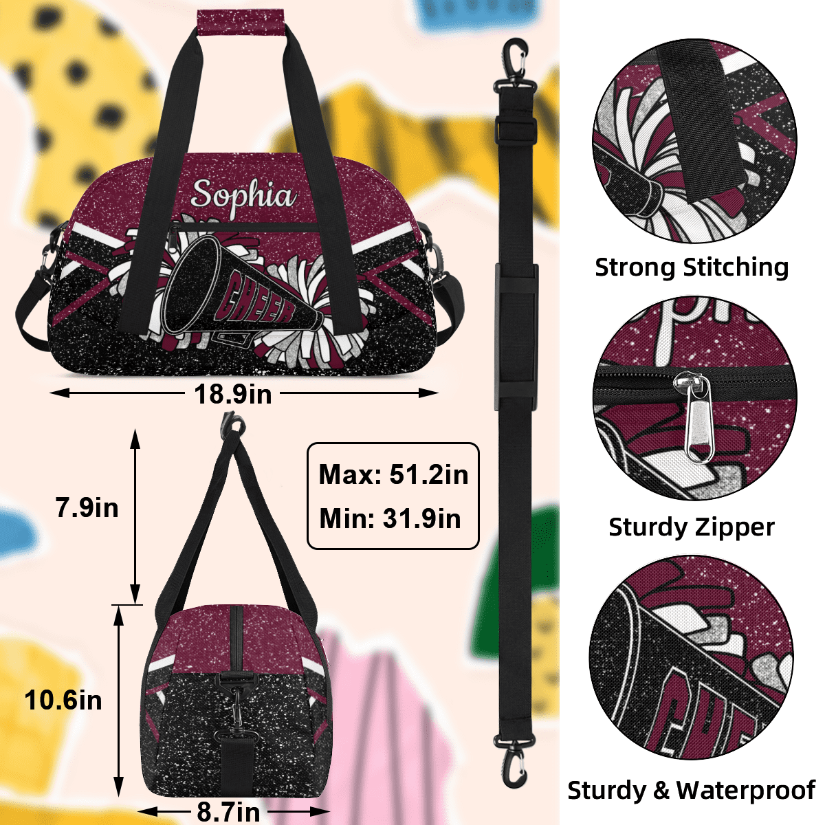Jiaoprinted Personalized Cheer Bag for Women, Custom Sport Duffel Bag with Name, Customized Gym Bag, Weekender Overnight Bag, Cheerleading Gifts, Black Maroon Glitter