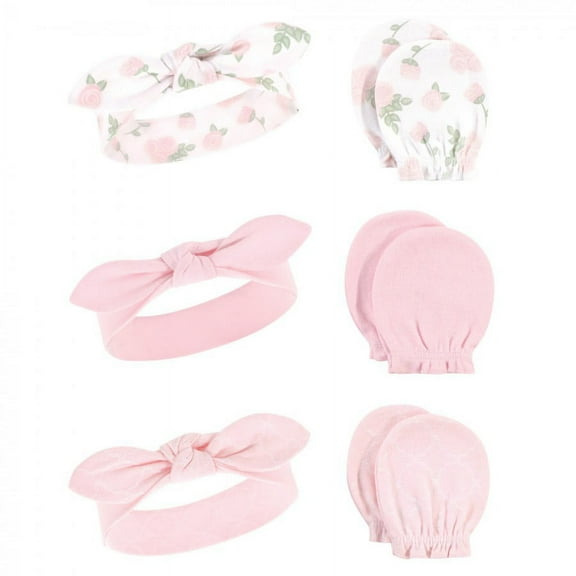 Hudson Baby Infant Girl Cotton Headband and Scratch Mitten 6pc Set, Roses, 0-6 Months