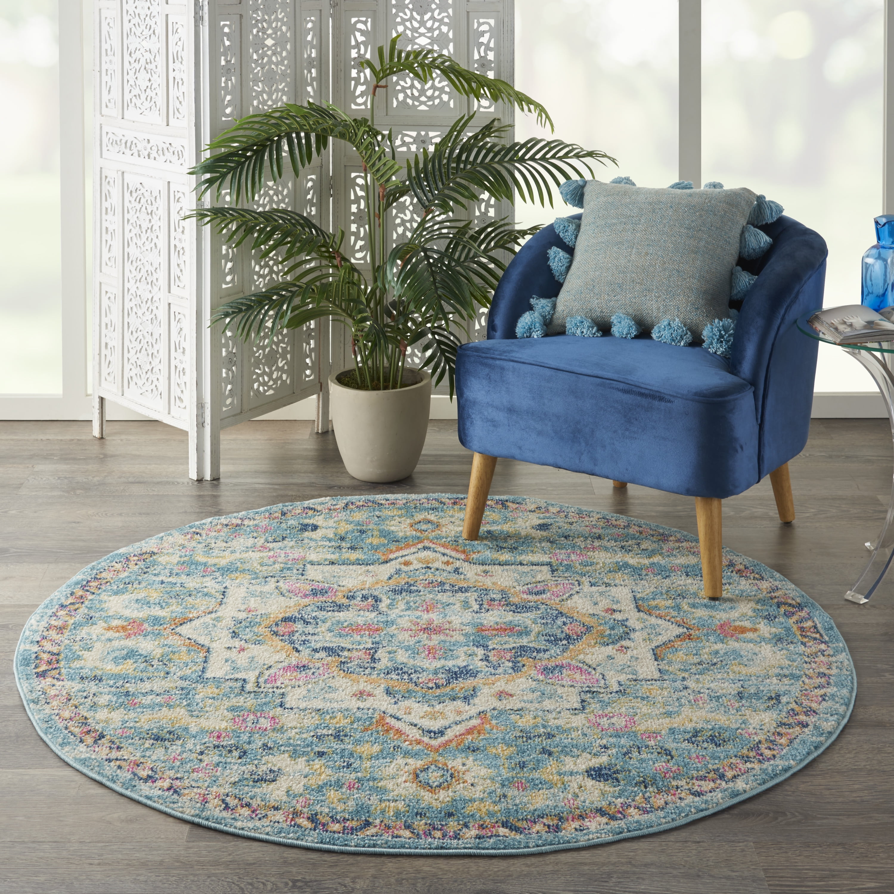 Nourison Passion Bohemian Ivorylight Blue 53 X Round Area Rug 5 Round 9391