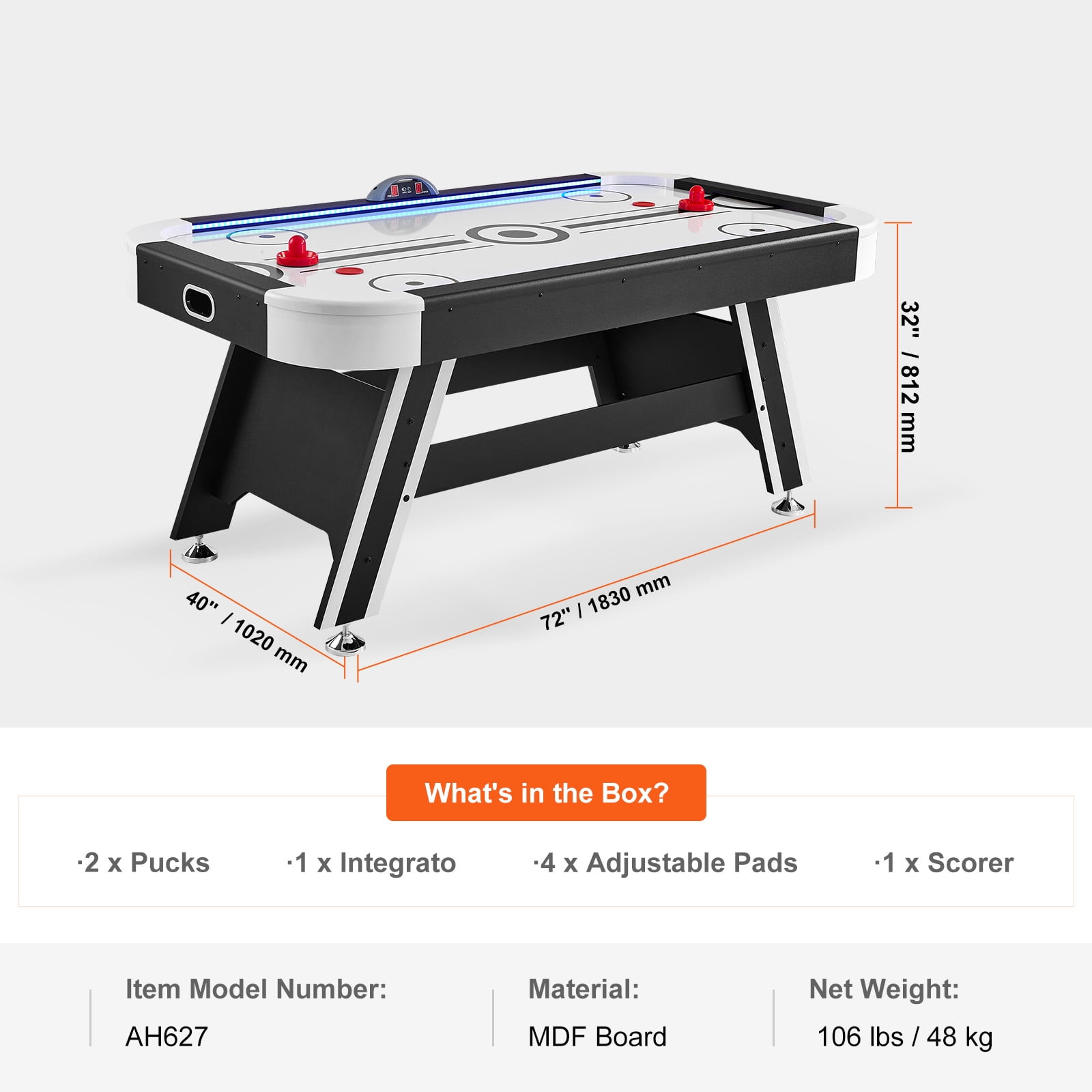 KFFKFF Air Hockey Table, 72" Indoor Hockey Table for Kids and Adults, LED Sports Hockey Game w/2 Pucks, 2 Pushers& Electronic Score System, Arcade Gaming Set for 4 player Home