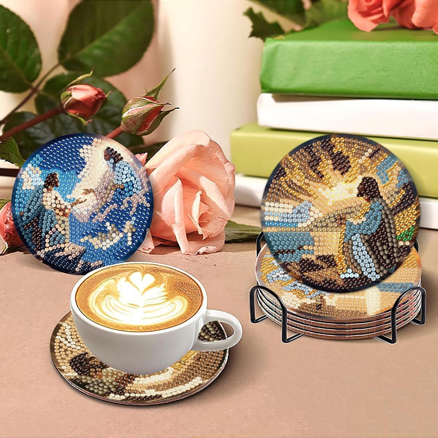 8 Pcs Jesus Diamond Art Coasters Kits with Holder, Sunrise Religious Diamond Painting Coasters Kits for Adults, DIY 5D Diamond Dots Small Mini Kit Full Drill Art Craft Supplies 4X4 Inch