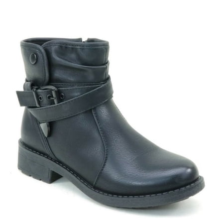 Distressed Buckle Flat Ankle Casual Women's Boots Black Vegan Leather