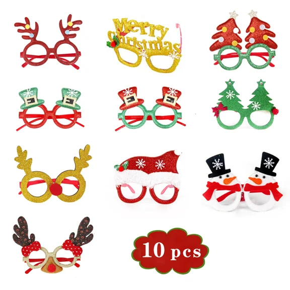 10Pcs Christmas Glasses Frame, Holiday Party Eyeglasses Frames Christmas Decoration, Christmas Photo Props Eyewear, Christmas Party Favors Supplies for Christmas Dinner Picnic