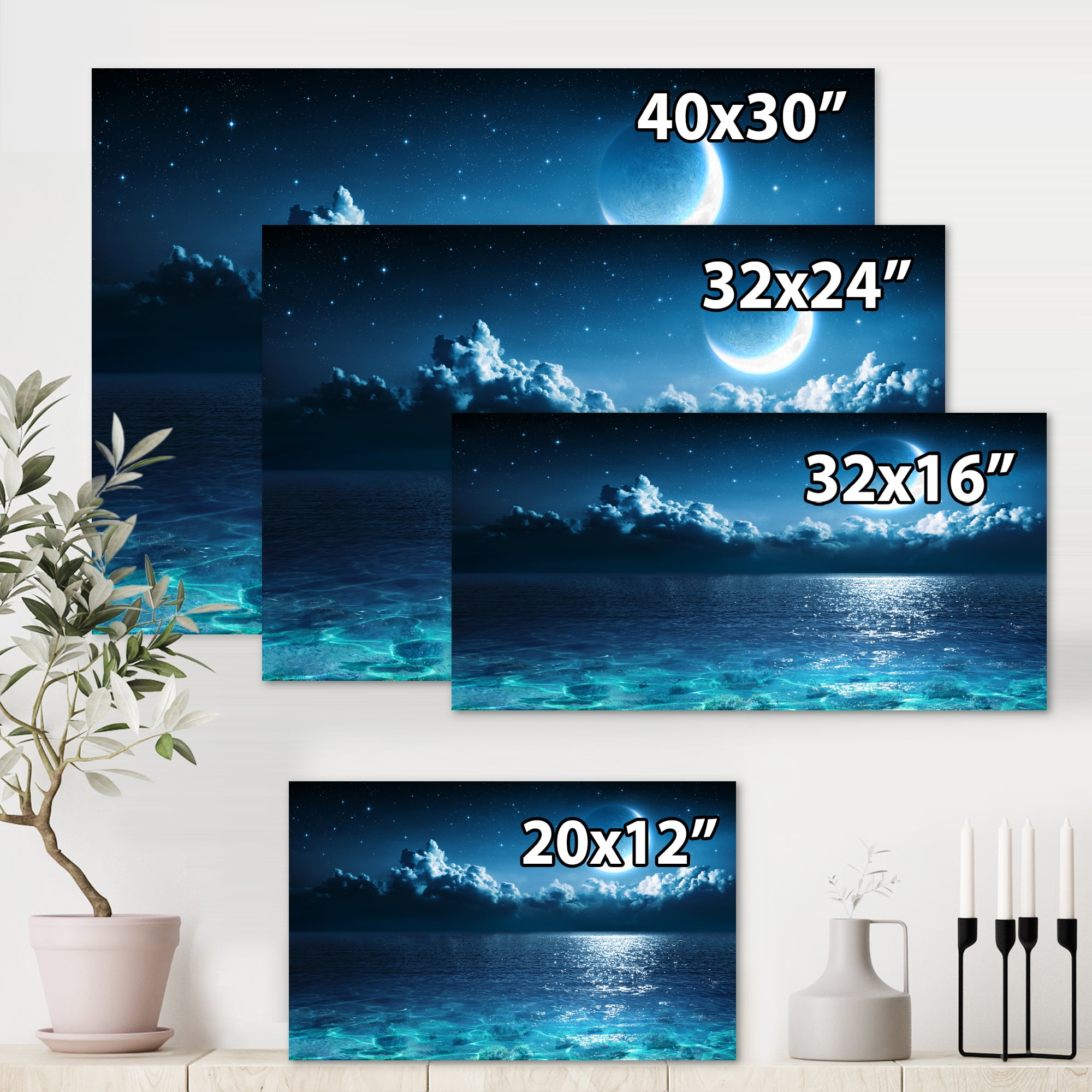 Romantic Moon and Clouds Over Deep Blue Sea I 12 in x 8 in Painting Canvas Art Print, by Designart