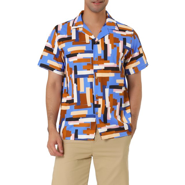 Unique Bargains Men's Summer Shirts Short Sleeve Irregular Geometric Button Down Shirt