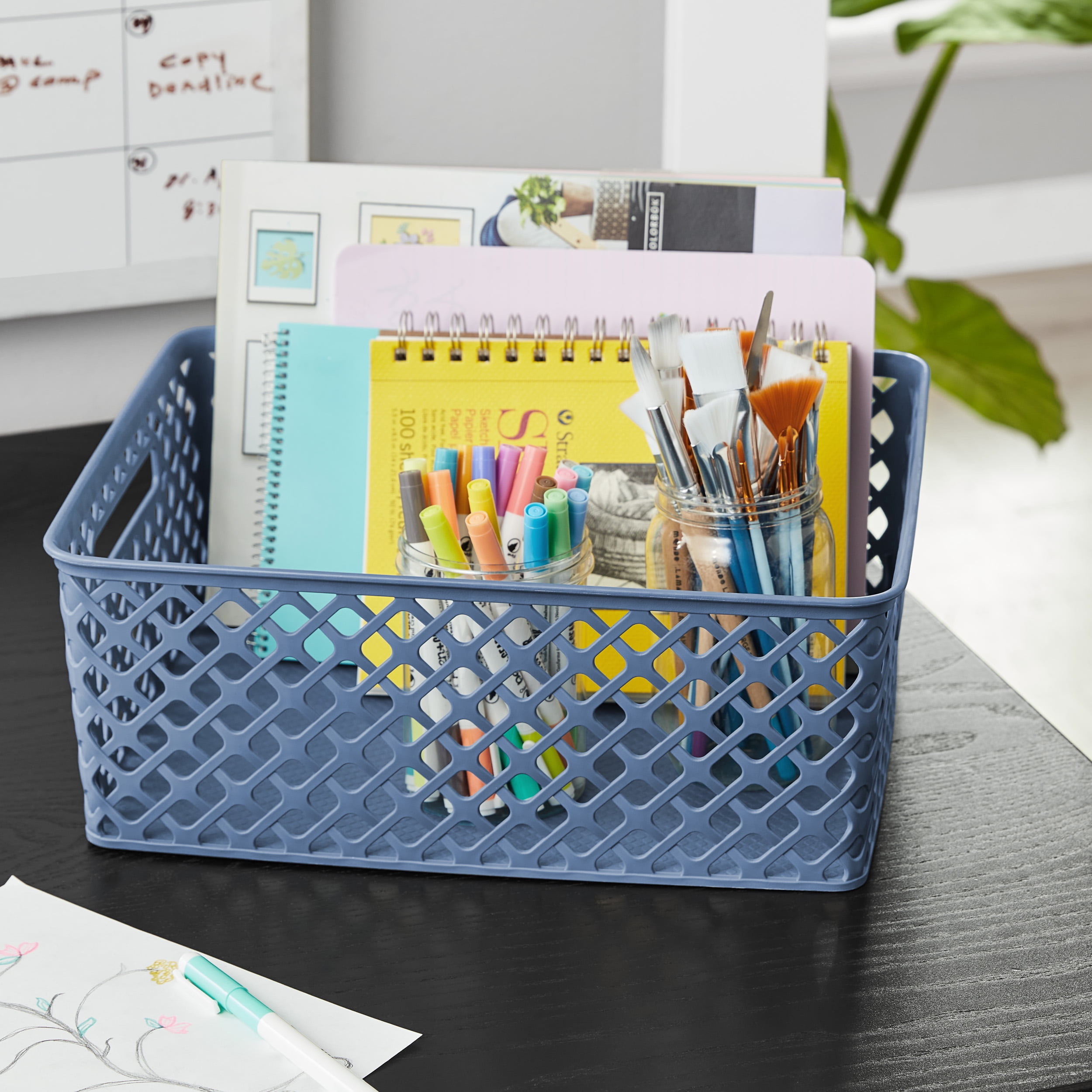 (3 pack) Mainstays Medium Blue Decorative Plastic Storage Basket, 14 in x 11.5 in x 5.3 in
