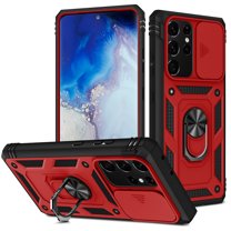 Military Grade Drop Impact for Samsung Galaxy S21 Ultra Camera Lens Slide Protection Case 360 Metal Rotating Ring Kickstand Holder Armor Shockproof Case For Samsung Galaxy S21 Ultra,
Red Black