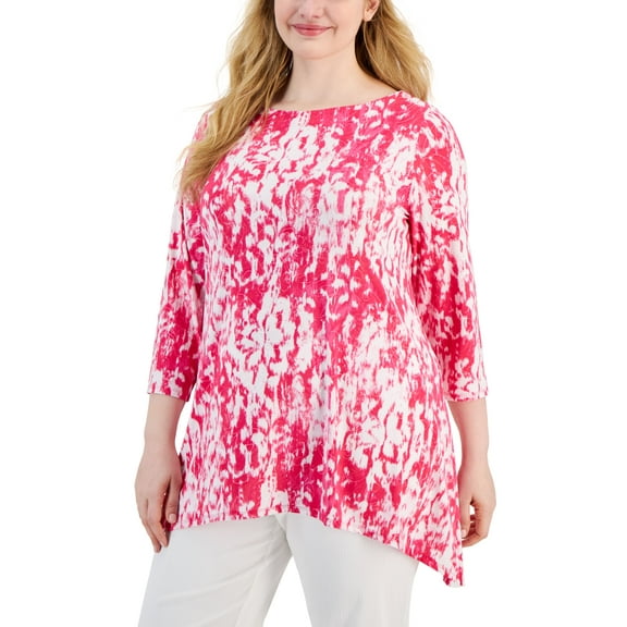 Plus Size Floral Ikat Scoop-Neck Jacquard Top Pink Fireball Combo 1X