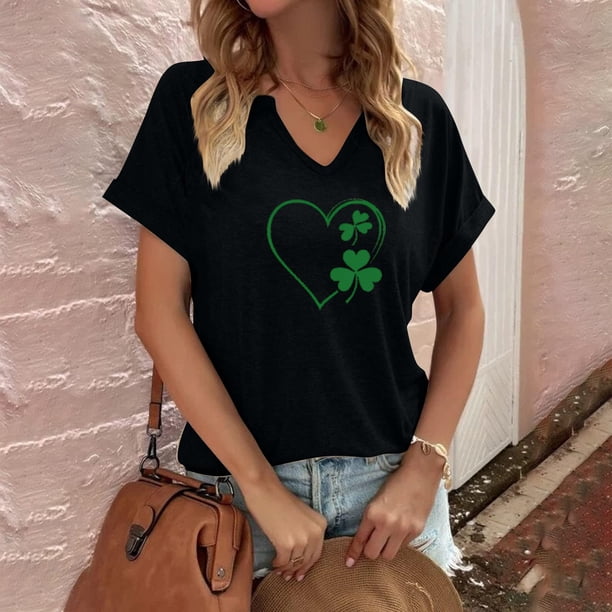 Puntoco Rebajas de blusas cortas para mujer Blusa informal de moda con cuello en V y mangas cortas con estampado del Día de San Pablo para mujer