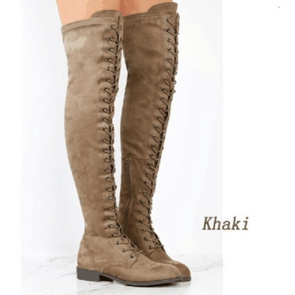 Hurxie Women's Knee High Boots Chunky Platform Heel, Lace Up Gothic Punk Work Boots for Dresses and Jeans Khaki 36