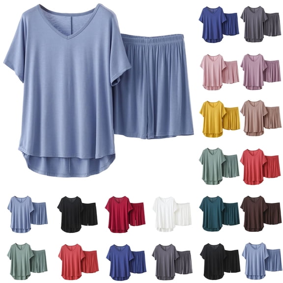 Akafmk Women's Plus Size Pajama Set V Neck Short Sleeve T-Shirt with Wide Leg Shorts Loungewear Set, 2-Piece, Sizes XL