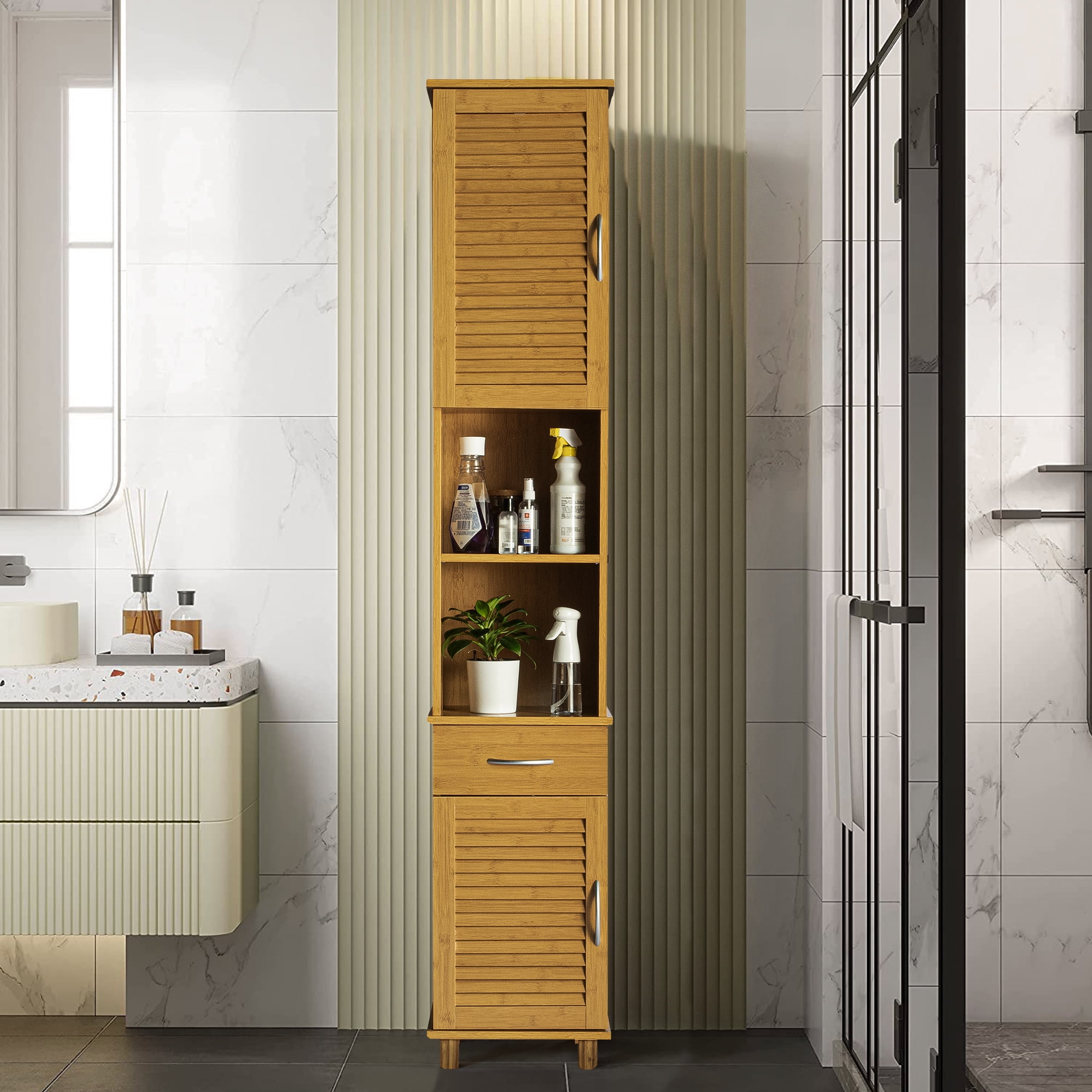 Kadyn Bathroom Tall Linen Tower, Free Standing Bathroom Cupboard with Open and Concealed Shelves, Bathroom Storage Cabinet Linen Cabinets, Brown