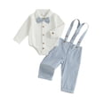 thumbnail image 3 of Ulanda Fall Outfit Newborn Baby Boy Gentleman Long Sleeve Bow Tie Romper Plaid Suspender Pants 2Pcs Christmas Clothes Set (Light Blue, 3-6 Months), 3 of 6