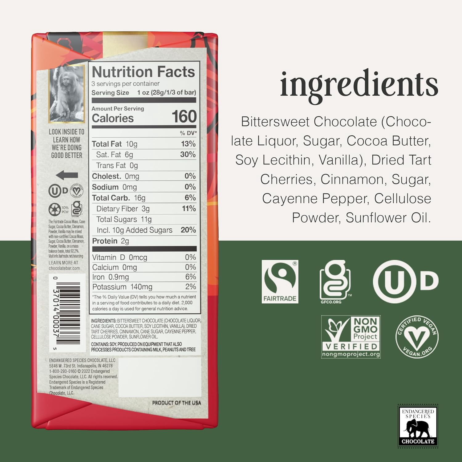 Endangered Species Natural 60% Dark Chocolate Bar Cinnamon Cayenne & Cherries 3 oz Pack of 3