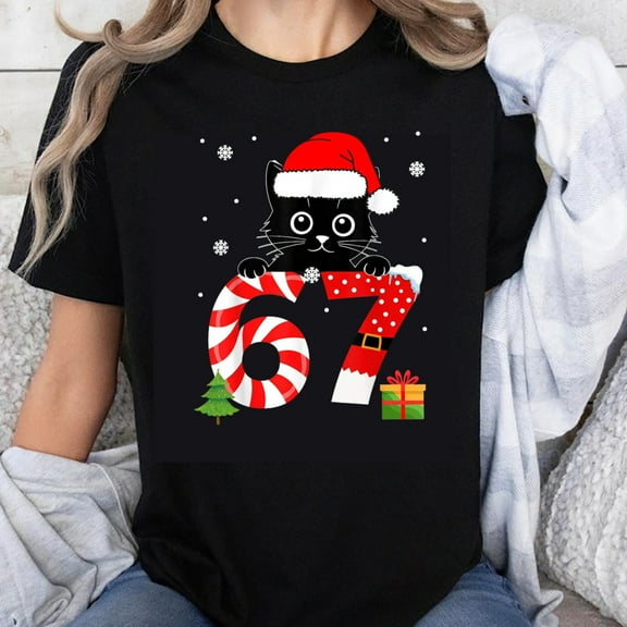 100% Cotton Christmas Cat With Santa Hat Candy Cane Number 67 Holiday T-Shirt For Women Men Unisex Xmas Gift Top