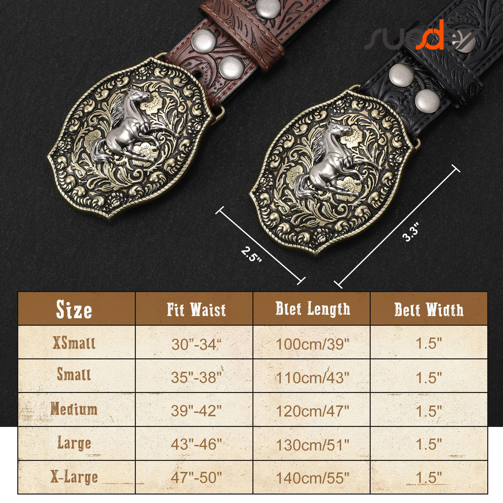 Suosdey Cowboy Embossed Leather Belt with Removable Buckle photo 4
