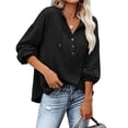 thumbnail image 1 of Blusa de mujer sencilla pero elegante, talla L, color negro, manga larga, cuello en V, capucha y botones, 1 of 6