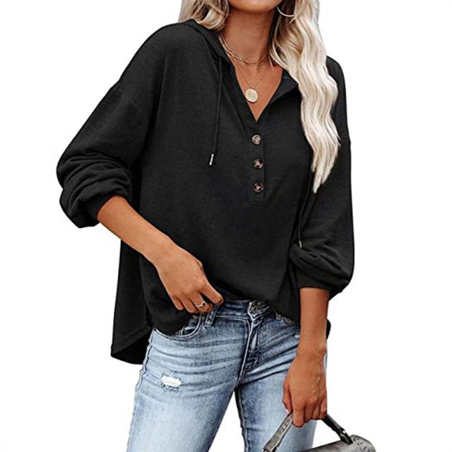 Blusa de mujer sencilla pero elegante, talla L, color negro, manga larga, cuello en V, capucha y botones