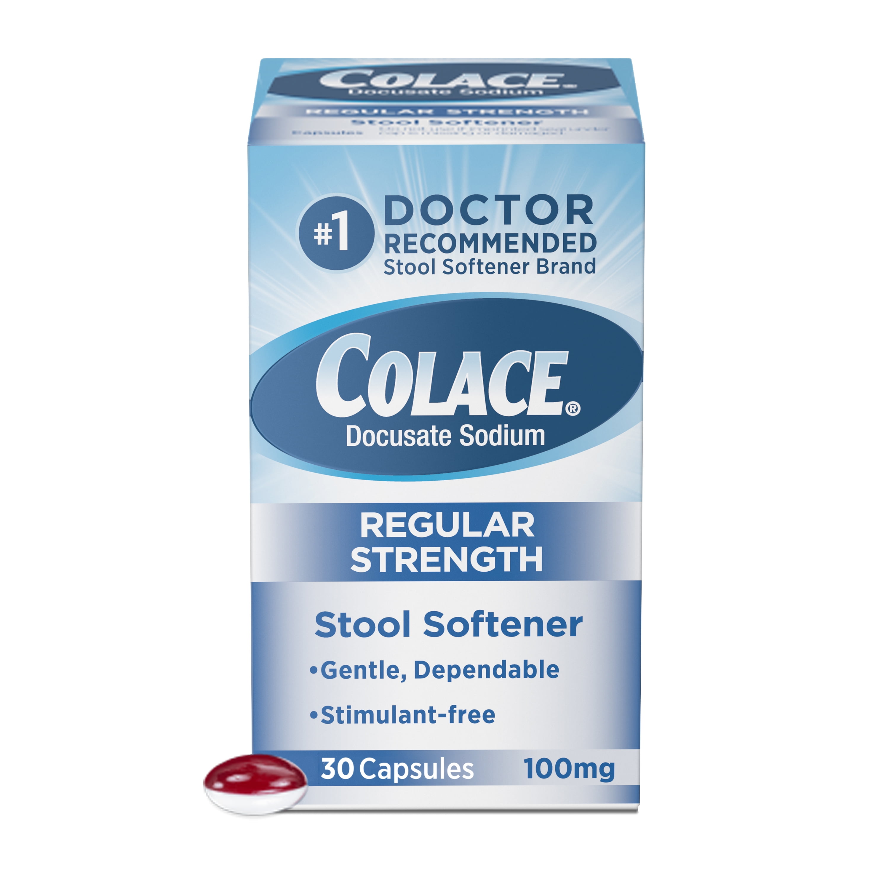 Colace Regular Strength Stool Softener for Constipation Relief, 100mg Capsules, 30 ct