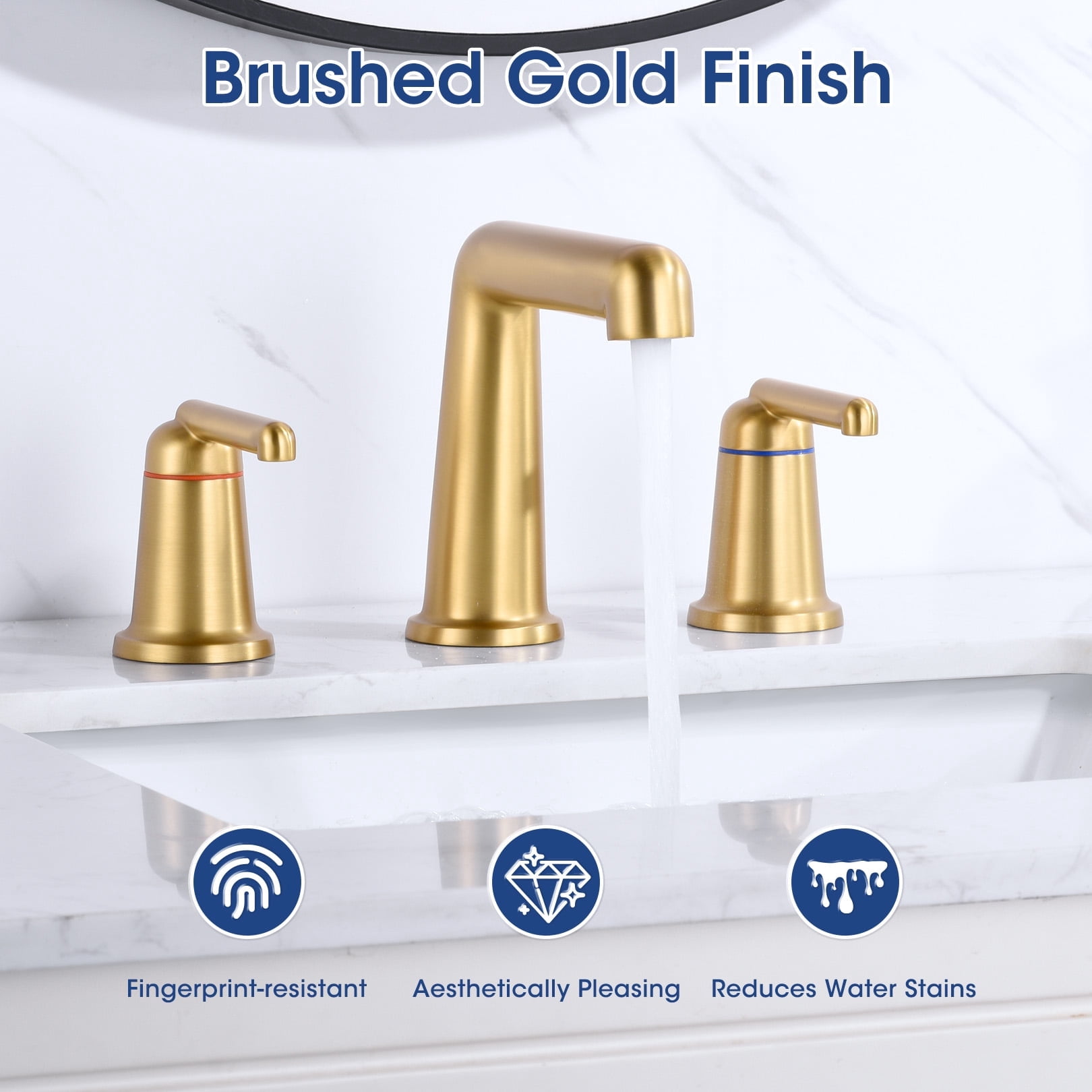 Wowkk 3 Hole Bathroom Faucet 2 Handle Widespread Bathroom Sink Faucet with Pop up Drain and Supply Lines, Brass Vanity Faucet for Rv Farmhouse Lavatory Restroom Sink, Brushed Gold