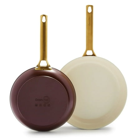 greenpan reserve ceramic nonstick 10  and 12  frypan set | merlot with gold-tone handles