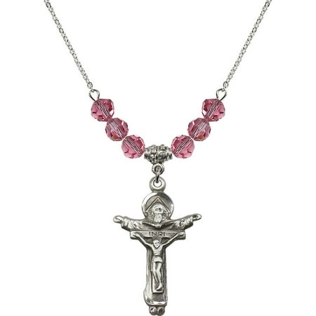 - 18-Inch Rhodium Plated Necklace with 6mm Rose Pink October Birth Month Stone Beads and Trinity Crucifix Charm